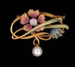 Lovely Estate Enamel, 18k Gold and Pearl Brooch, Alexandria Rossoff